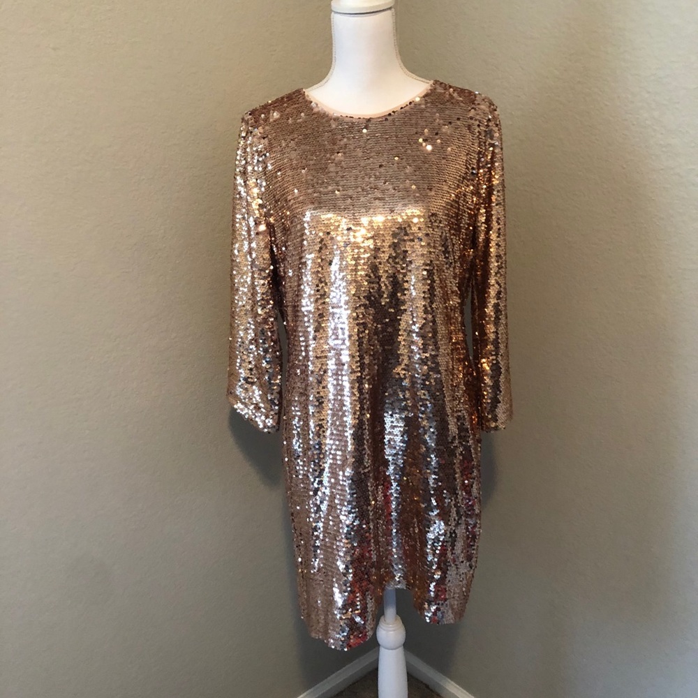 Lulu’s Gold Sequin 3/4 Sleeve Holiday Dress XL